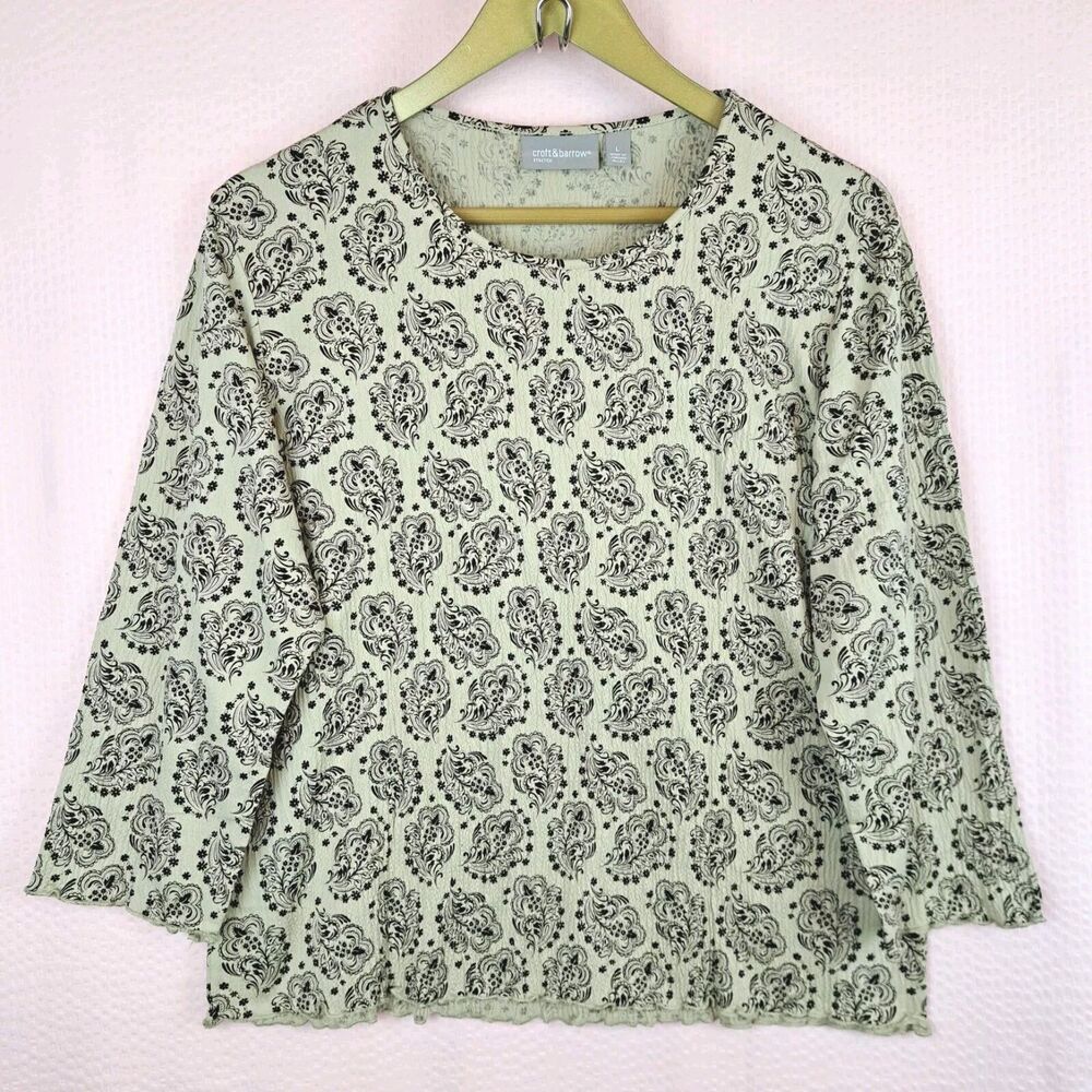 Croft And Barrow Stretch Top Paisley Print Size L Brown 3/4 Sleeve